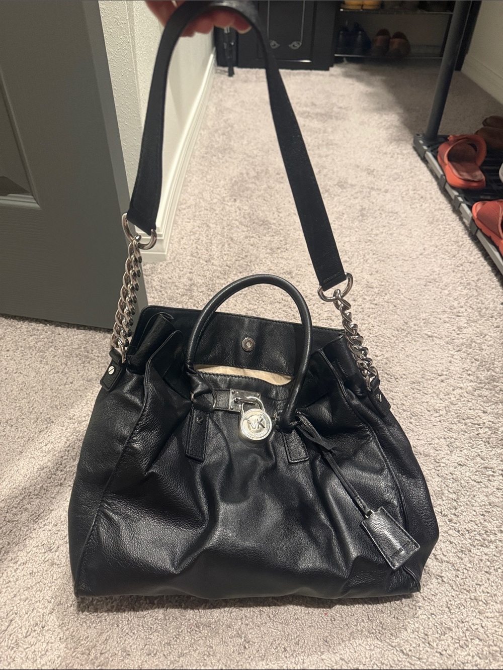 Michael Kors Black Leather Shoulder Tote with Silver Hardware